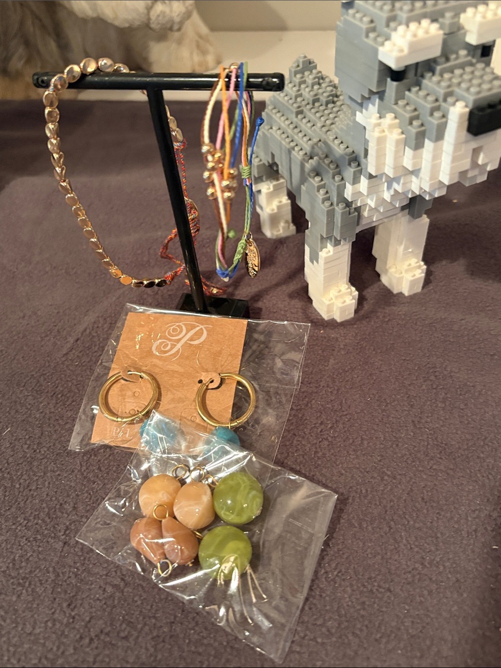 Colorful Bead & Thread Bracelet Set with Gold Accents and coordinating earrings